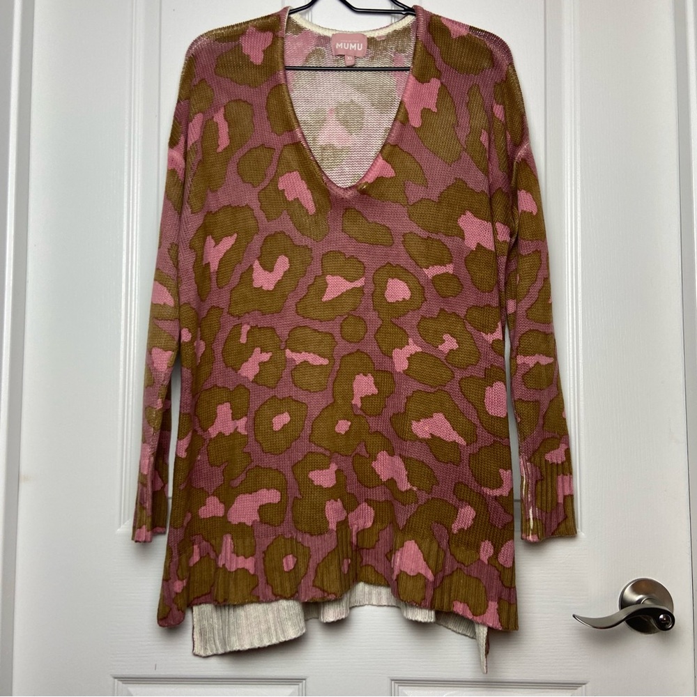 Show Me Your Mumu Pink & Brown Rosy Leopard Knit Hug Me V-Neck Sweater Size XS